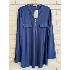 Bulotus Women's Blue Zip Front V-Neck Roll Tab Sleeve Blouse